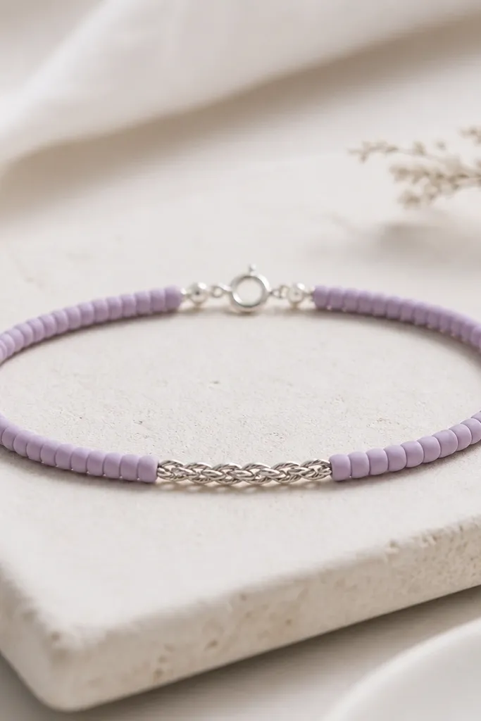 A lavender matte bracelet with 4mm clay beads. In the center, there is a short twisted wire wrap section in silver, like a mini braid. The clasp is a simple silver spring ring.