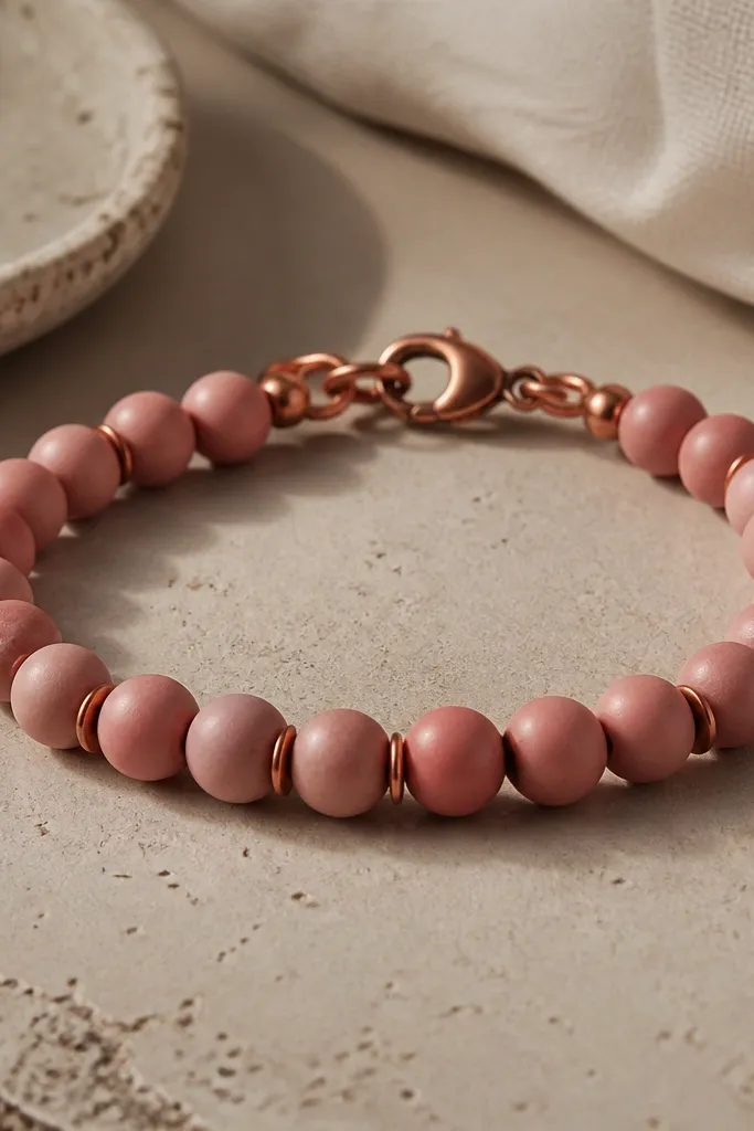 A warm rose-pink bracelet with 8mm clay beads. Tiny copper nail-head spacer beads appear between sections like little studs. The clasp is copper-toned and the bracelet looks warm and slightly industrial.