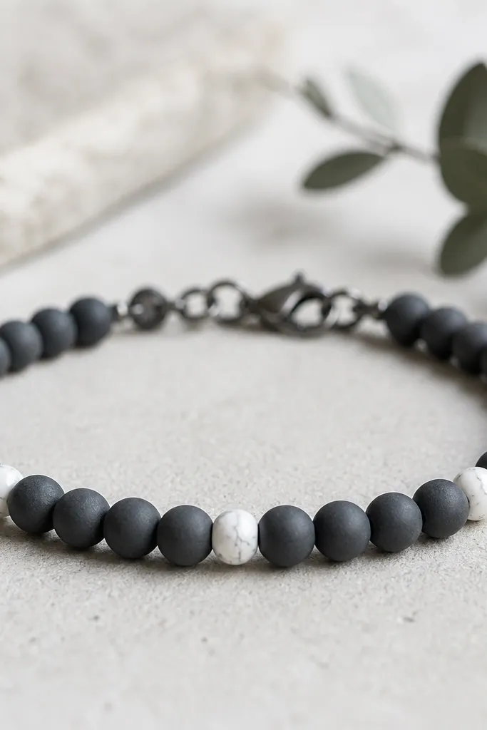 A charcoal gray bracelet with 6mm matte clay beads. Every few beads are 3mm white cracked-glaze accent beads that show tiny fissure lines. The clasp is blackened silver, and the bracelet front is sharply defined.