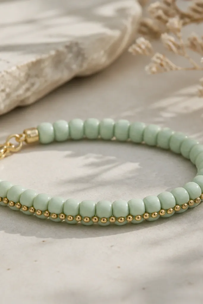 A mint green bracelet with 6mm clay beads. Along one side of the bracelet front, a thin row of tiny gold beads runs like a border. The clasp is gold and sits at the edge.