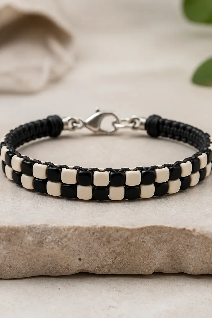 A bracelet with a checker pattern made from alternating black and cream 6mm clay beads. The pattern is clean and straight, with matte black cord and a silver clasp. The bracelet front shows a crisp grid-like layout.