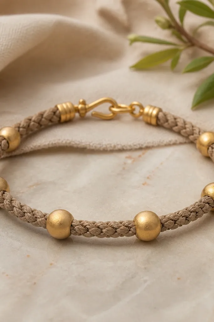 A bracelet with warm gold clay beads (10mm) spaced along a braided cord. The cord looks thick and textured, and the beads are spaced evenly with small gold spacer beads near the clasp. The clasp is a simple gold hook.