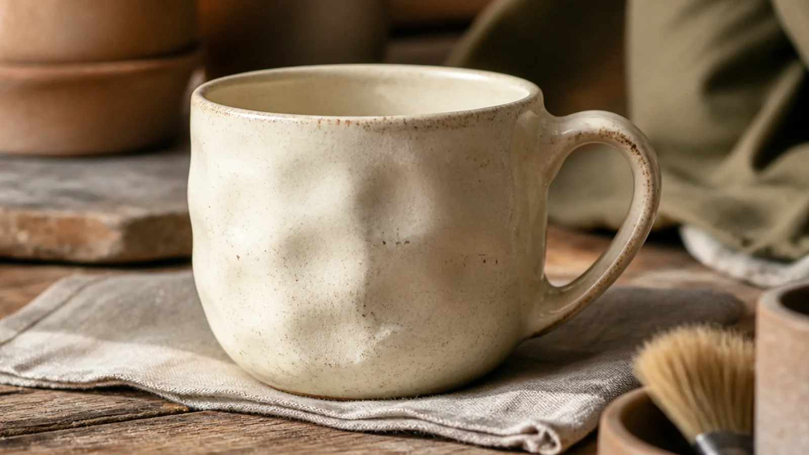A rounded stoneware mug with soft finger-dimpled walls in a warm cream glaze and a small pulled handle, sitting on a linen napkin.
