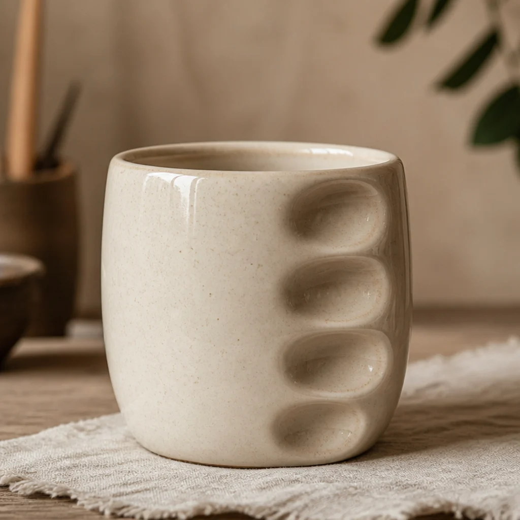 A cream pinch mug with a column of deep rounded thumb dimples pressed down one side to cradle the fingers, glazed glossy.