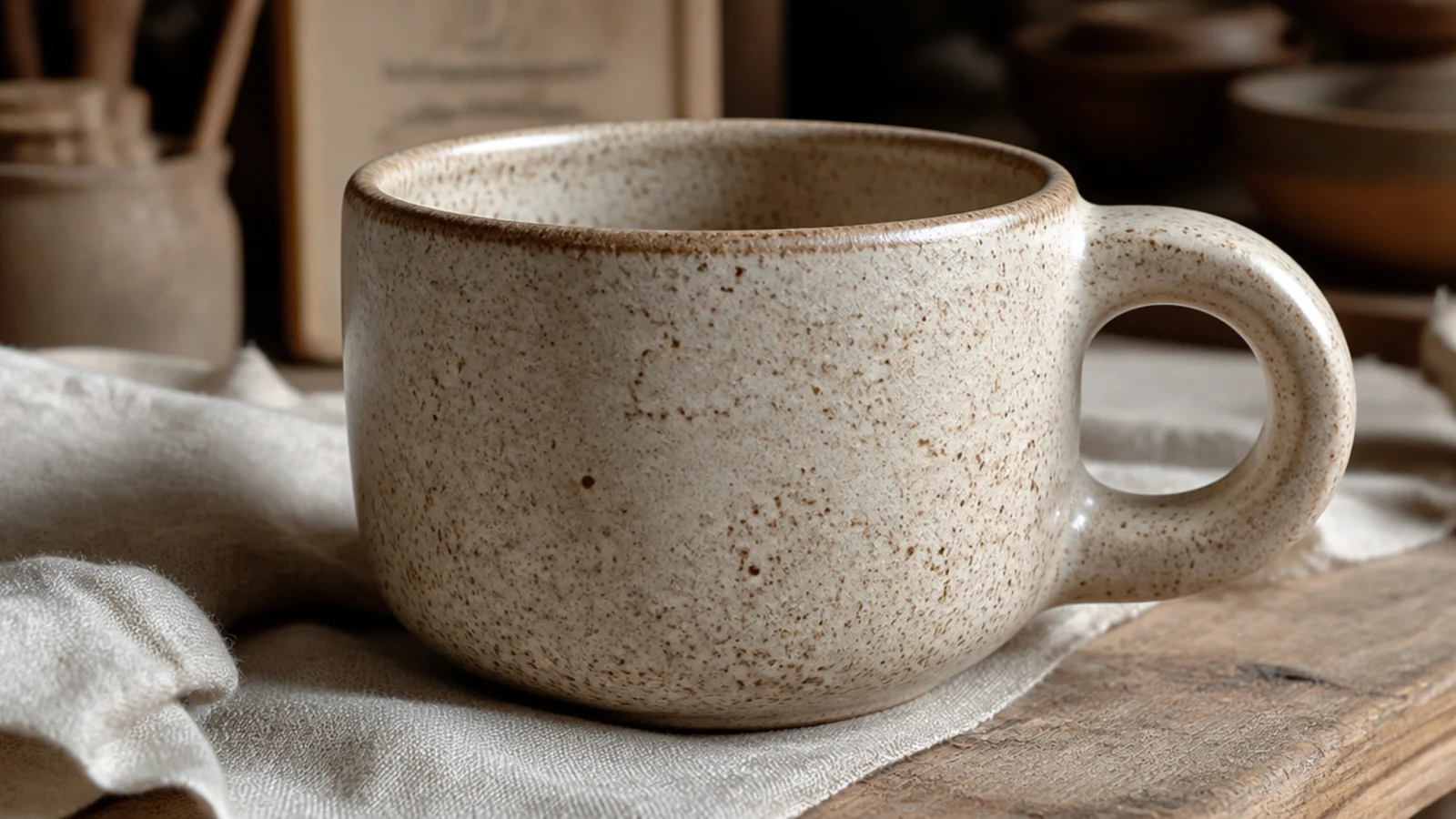 A short, wide hand-pinched mug with thick walls and a rough tactile surface in speckled oatmeal clay, a fat chunky handle, matte glaze.