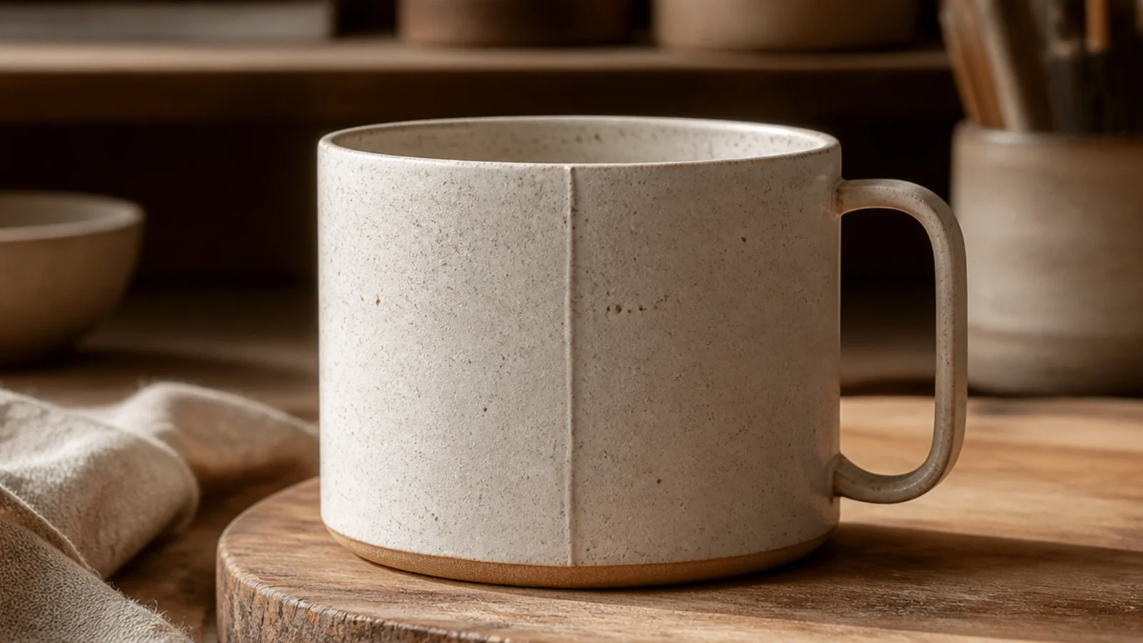 A straight-sided cylindrical mug in speckled white clay with a crisp vertical seam and a simple strap handle, on a wooden board.