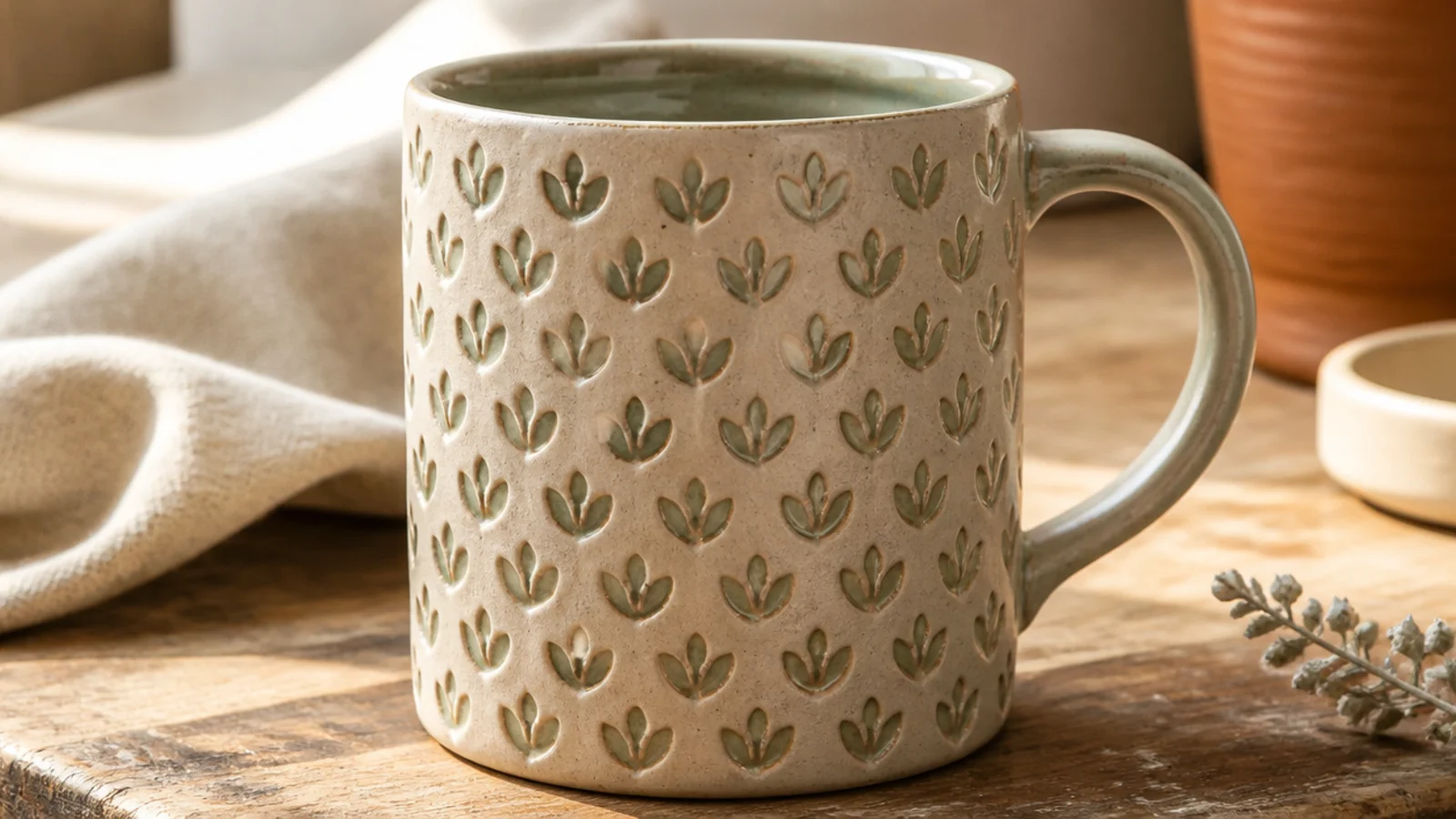 A cylindrical mug covered in a repeating pattern of small pressed clay stamps, the recesses caught by a soft sage glaze, tidy grid.