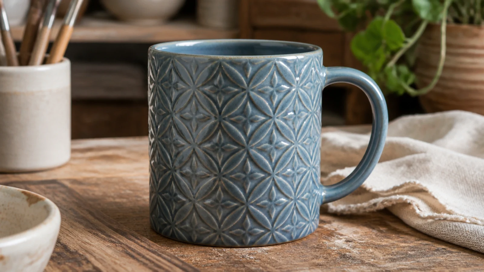 A cylinder mug wrapped in an all-over embossed geometric pattern from a textured rolling pin, glazed glossy dusty blue that pools in the lines.