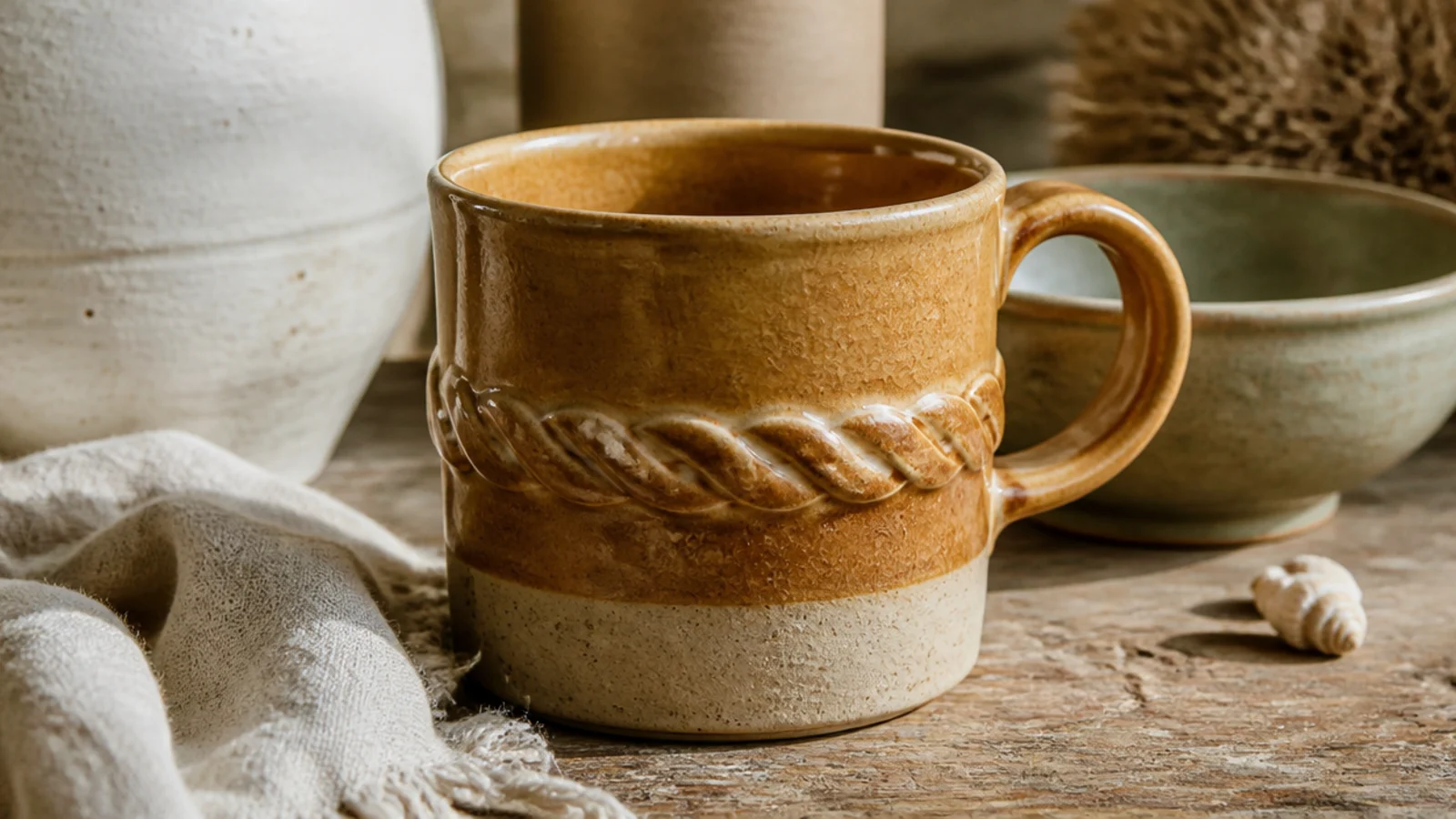 A cylinder mug with a band of twisted-rope impressions wrapping the middle, the braided texture caught by a warm honey glaze, coastal feel.