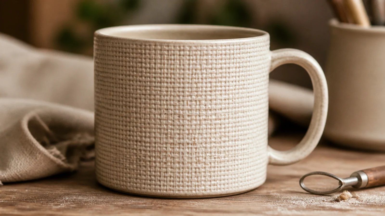 A cylinder mug with a subtle woven burlap weave pressed across its whole surface, glazed in a soft oatmeal satin that catches the linen grain.