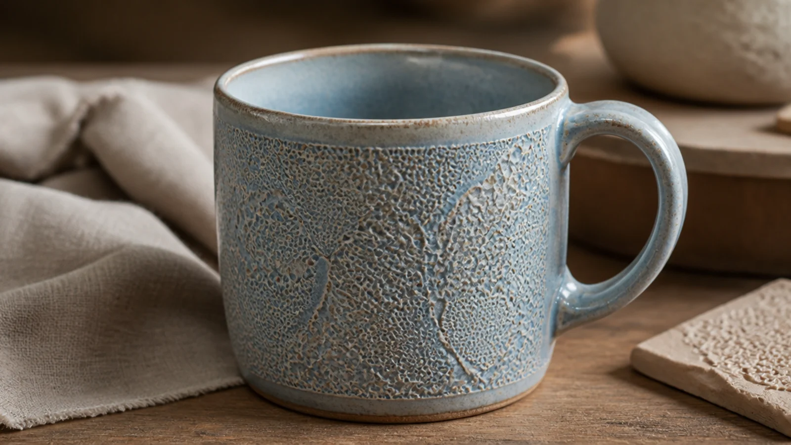 A mug with a delicate lace pattern pressed into the clay surface, the fine texture caught by a soft dusty-blue glaze, elegant and detailed.