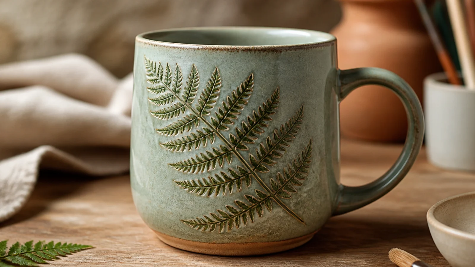 A mug with a real fern leaf pressed into the clay leaving a delicate raised botanical impression, glazed in celadon green pooling in the veins.