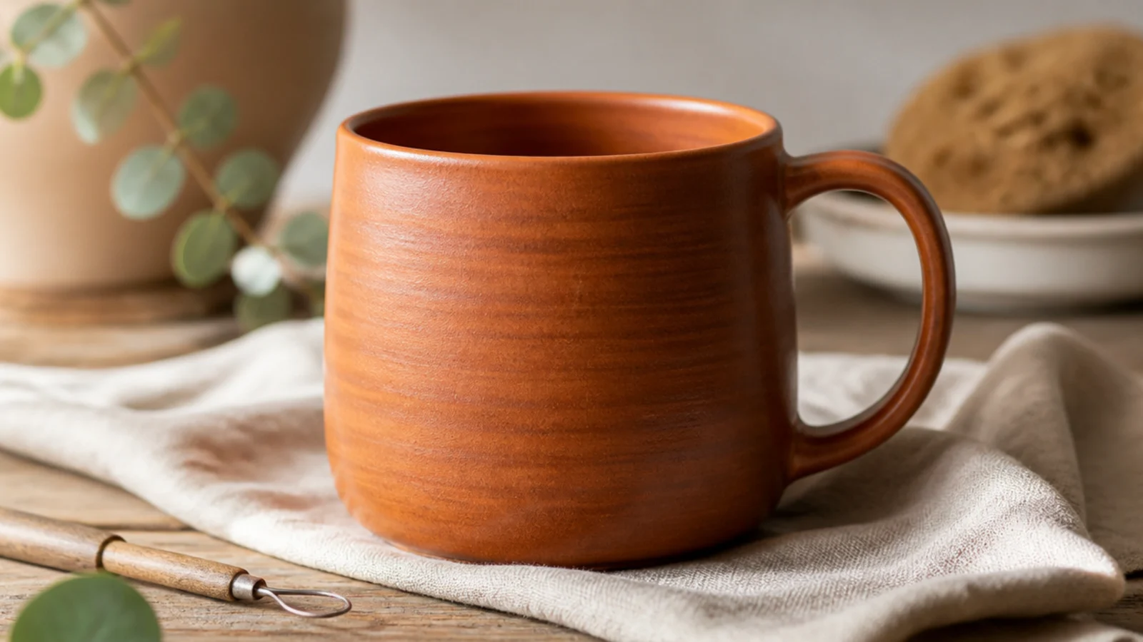 A gently tapered mug built from coils blended smooth inside and out into a seamless wall, glazed in a warm terracotta satin, clean and simple.