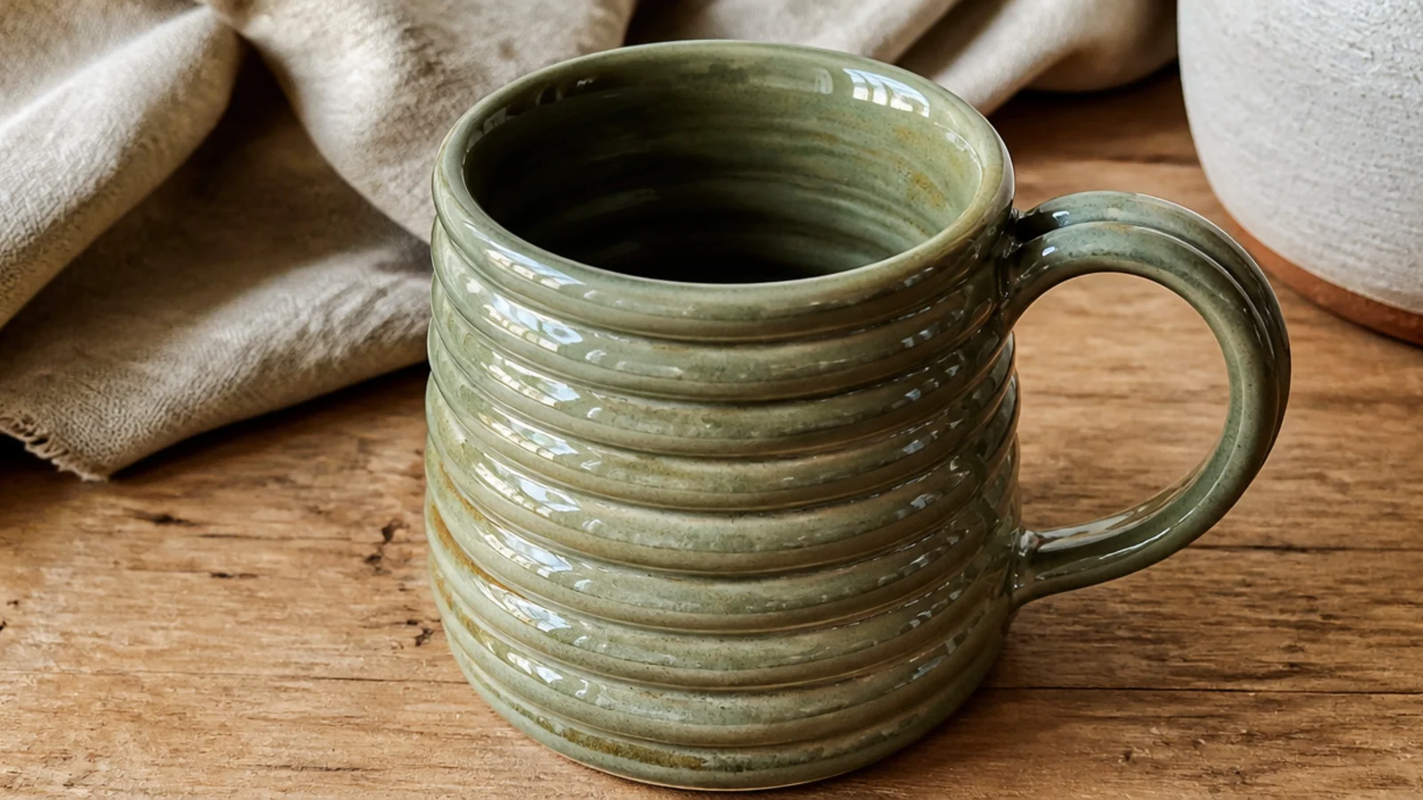 A mug built from stacked clay coils left defined on the outside in a rhythmic spiral, smoothed watertight inside, glazed glossy sage that pools in the ridges.