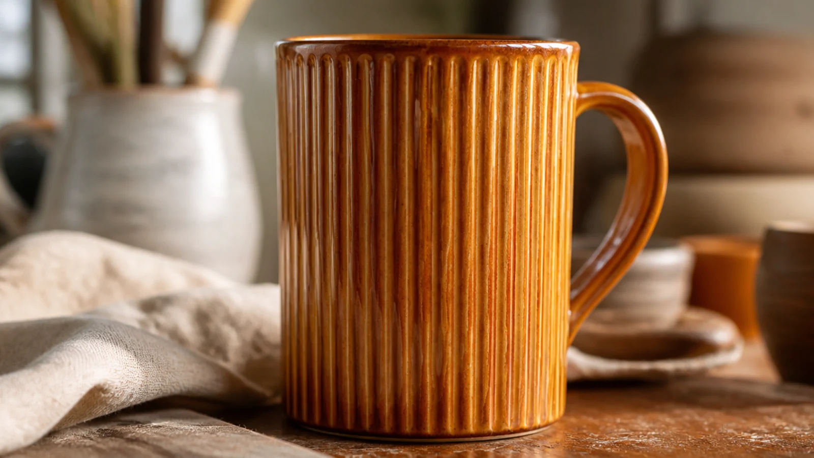 A tall cylinder mug with crisp evenly spaced vertical ribs running top to bottom like a fluted column, glazed in glossy amber that highlights each ridge.