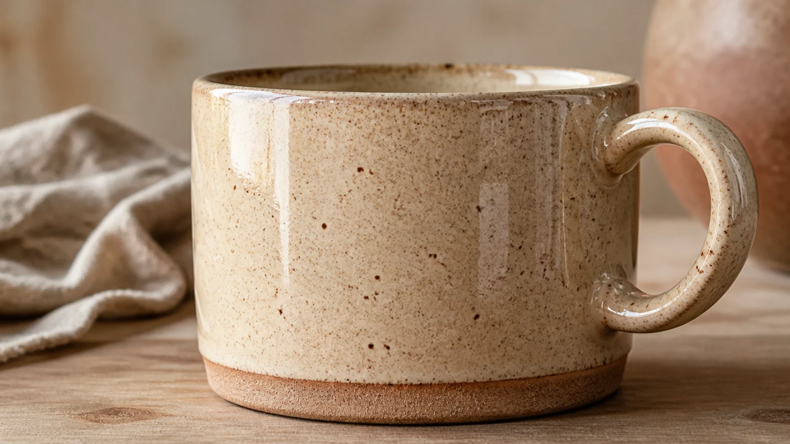 A simple mug in speckled buff clay under a clear glossy glaze showing natural iron flecks, the raw clay foot left unglazed, minimal and modern.