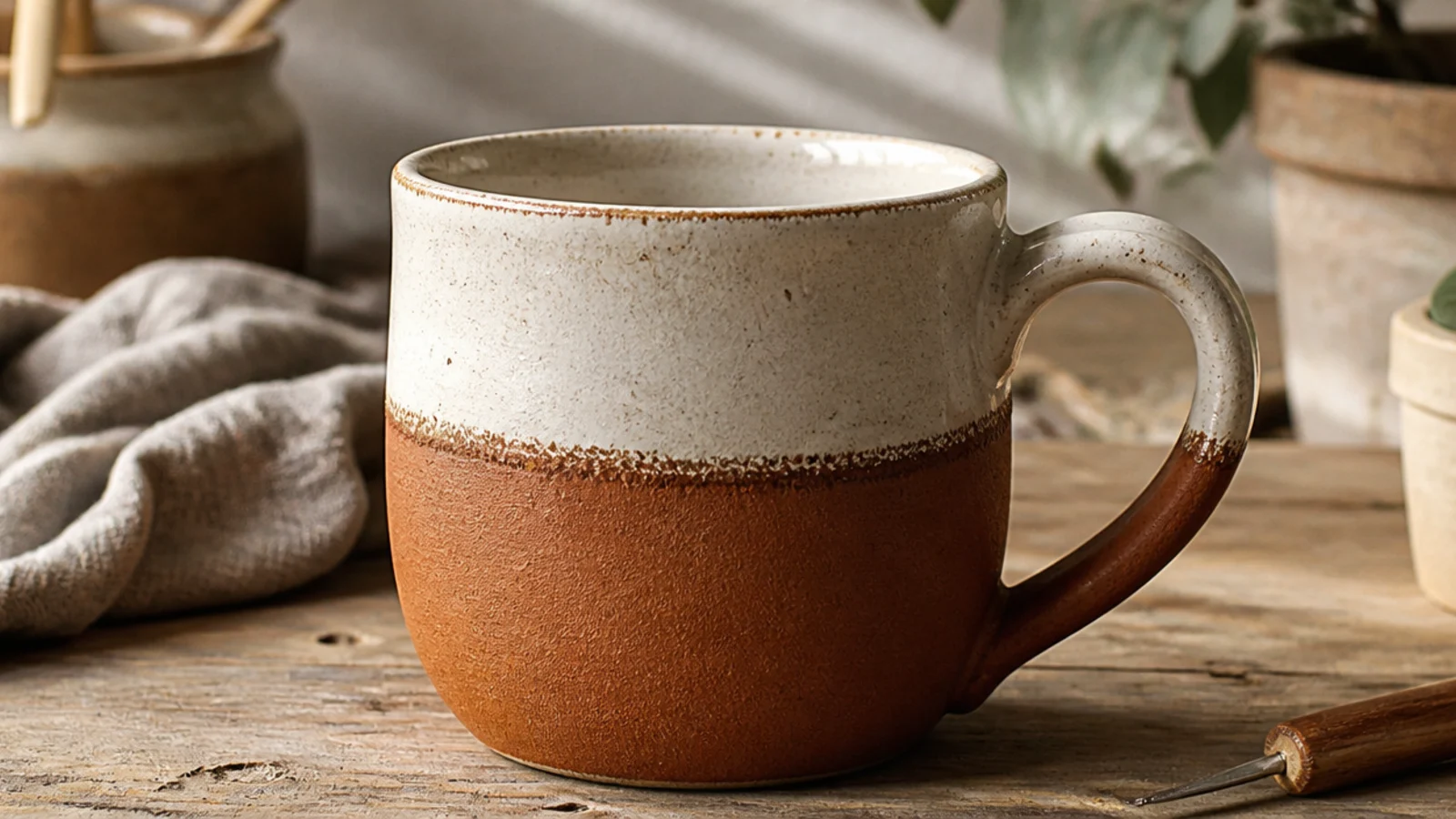 A warm brick-red terracotta mug with a band of creamy white glaze around the top half meeting the bare red clay below, rustic Mediterranean feel.