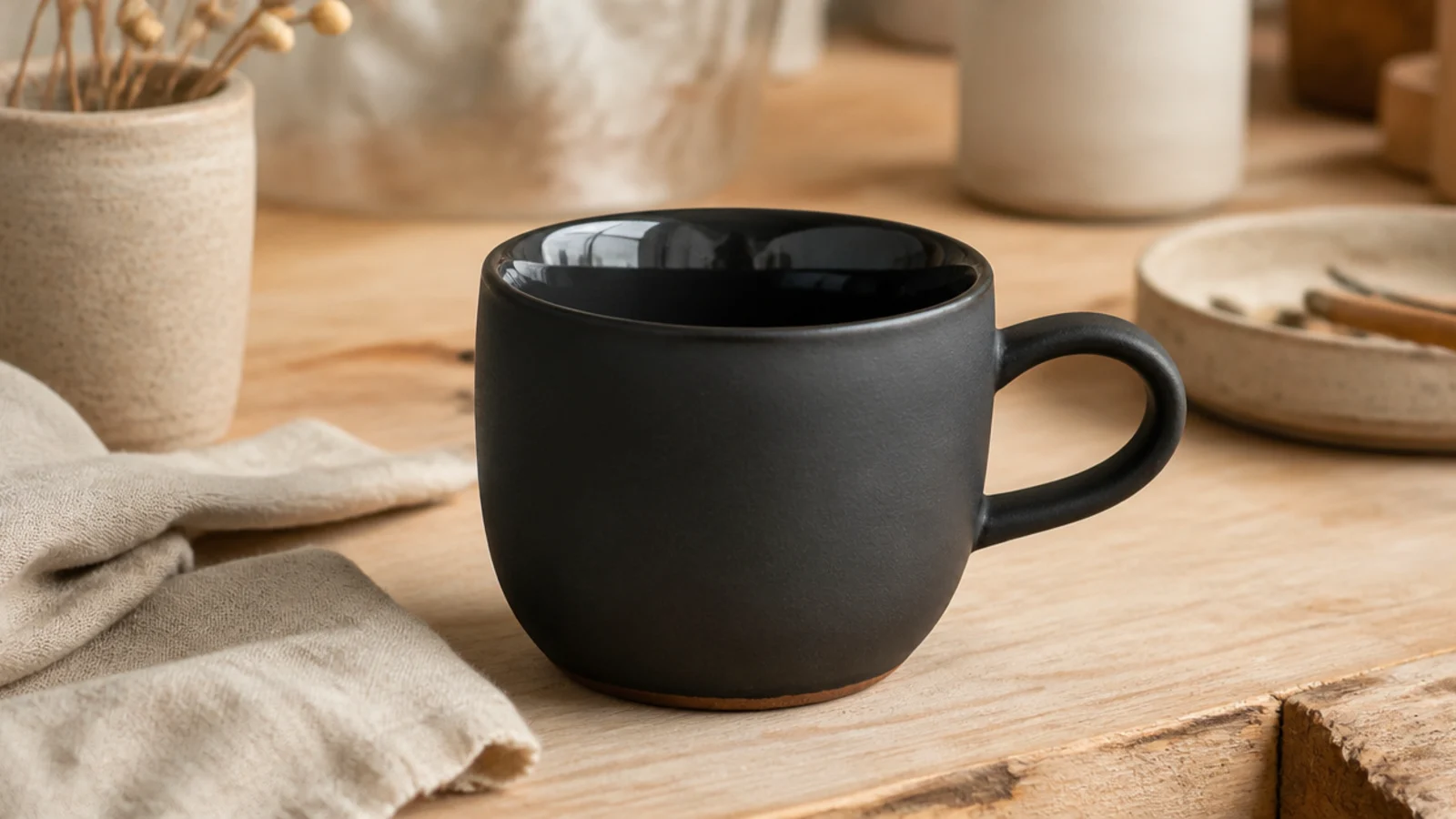 A sleek deep-charcoal black-clay mug with a bare matte body and a single glossy clear-glazed interior, minimal and dramatic on pale wood.