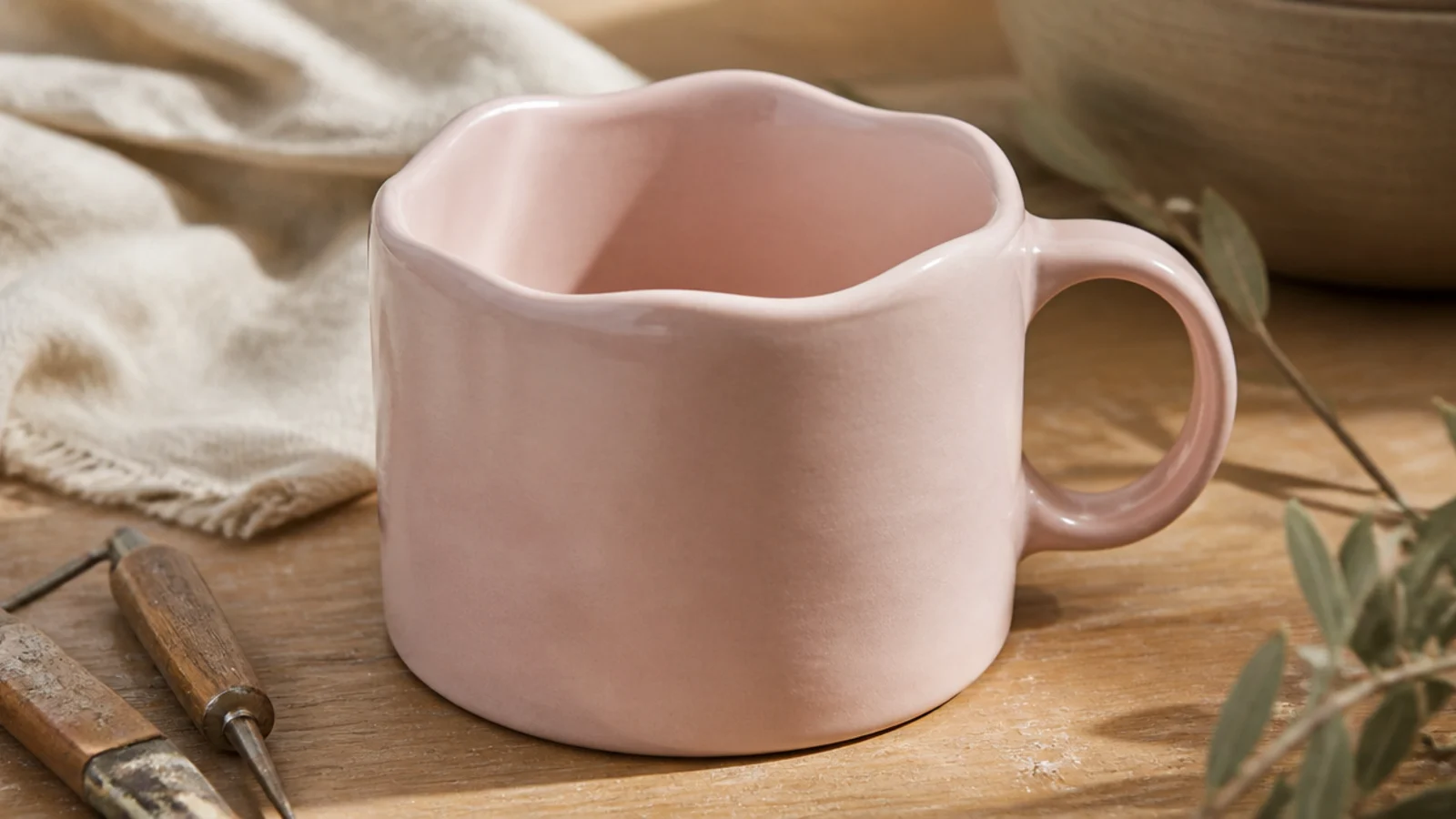 A cylinder mug whose top rim gently ripples in soft organic waves rather than a flat circle, glazed in a soft blush satin, calm and sculptural.