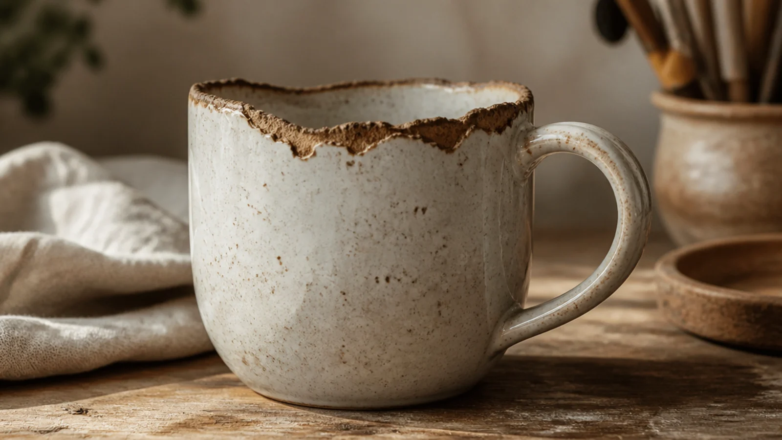 A rustic mug with a deliberately rough torn-looking top edge and raw exposed clay along the rim against a smooth glazed body, earthy and wabi-sabi.