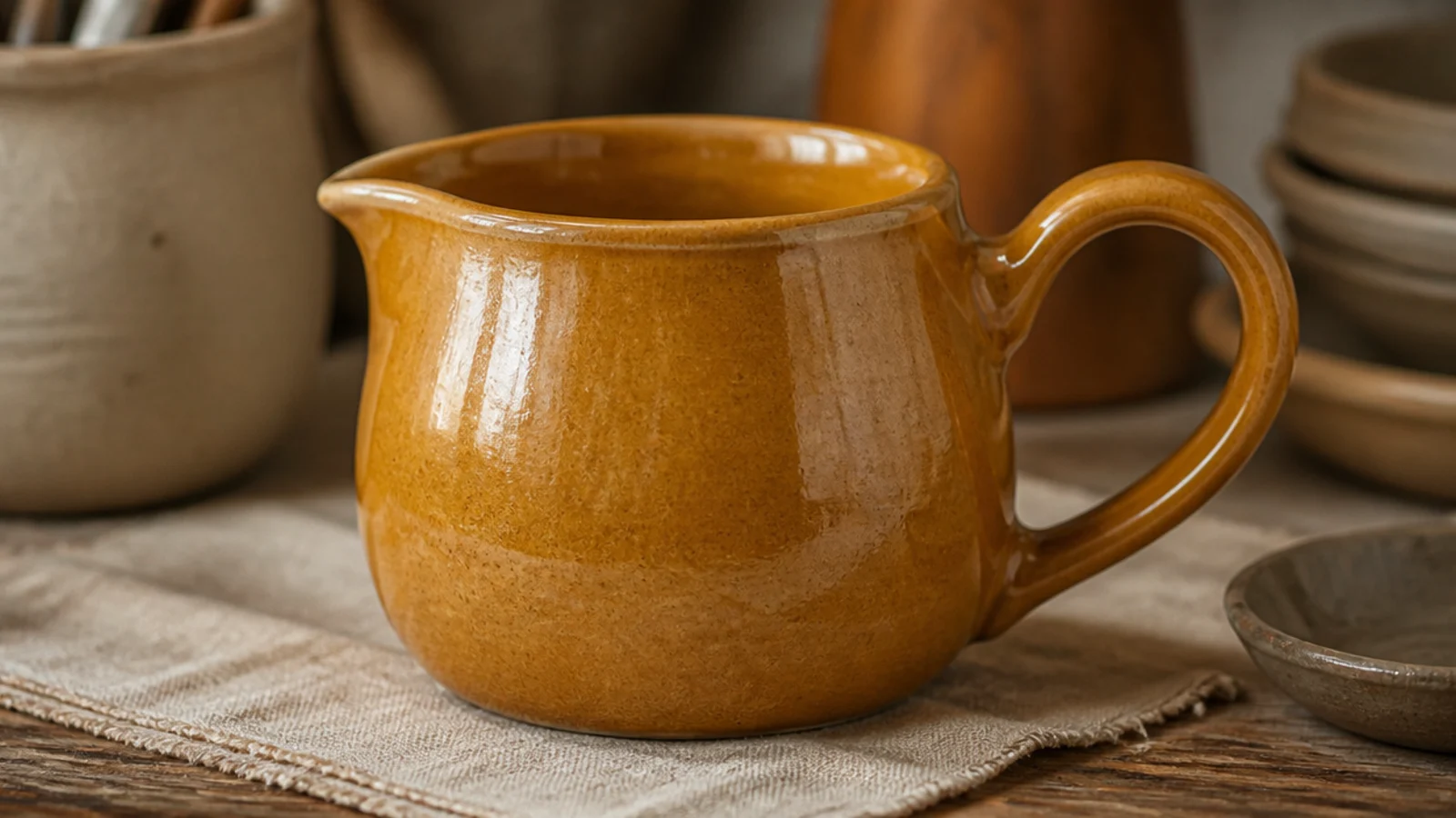 A mug with a small pinched pouring spout formed into the rim on one side, glazed in glossy mustard, practical and characterful with a curled handle.