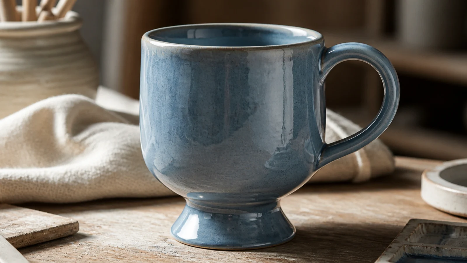 An elegant mug lifted on a short flared pedestal foot like a small goblet, glazed in glossy dusty blue, refined and slightly formal.