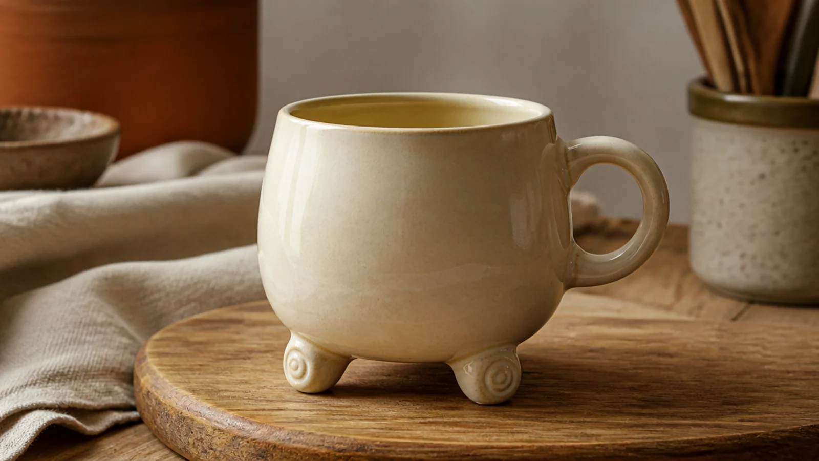 A playful rounded mug standing on three small rolled clay feet like little legs, glazed in warm cream, whimsical but tidy on a wood board.