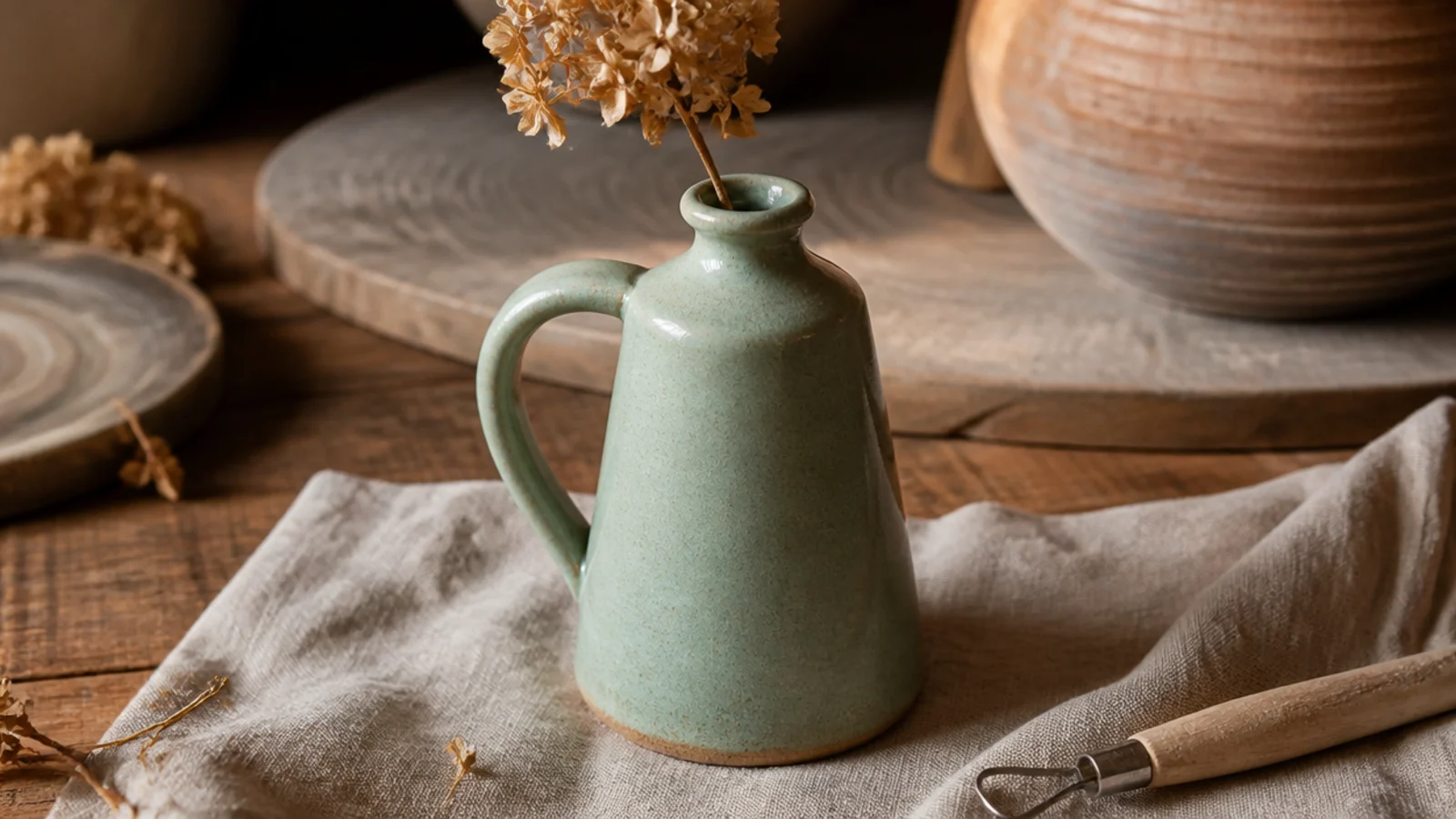 A narrow-necked mug shaped to also hold a single stem, a slim tapered form glazed in soft sage, a dried flower tucked inside on a linen napkin.