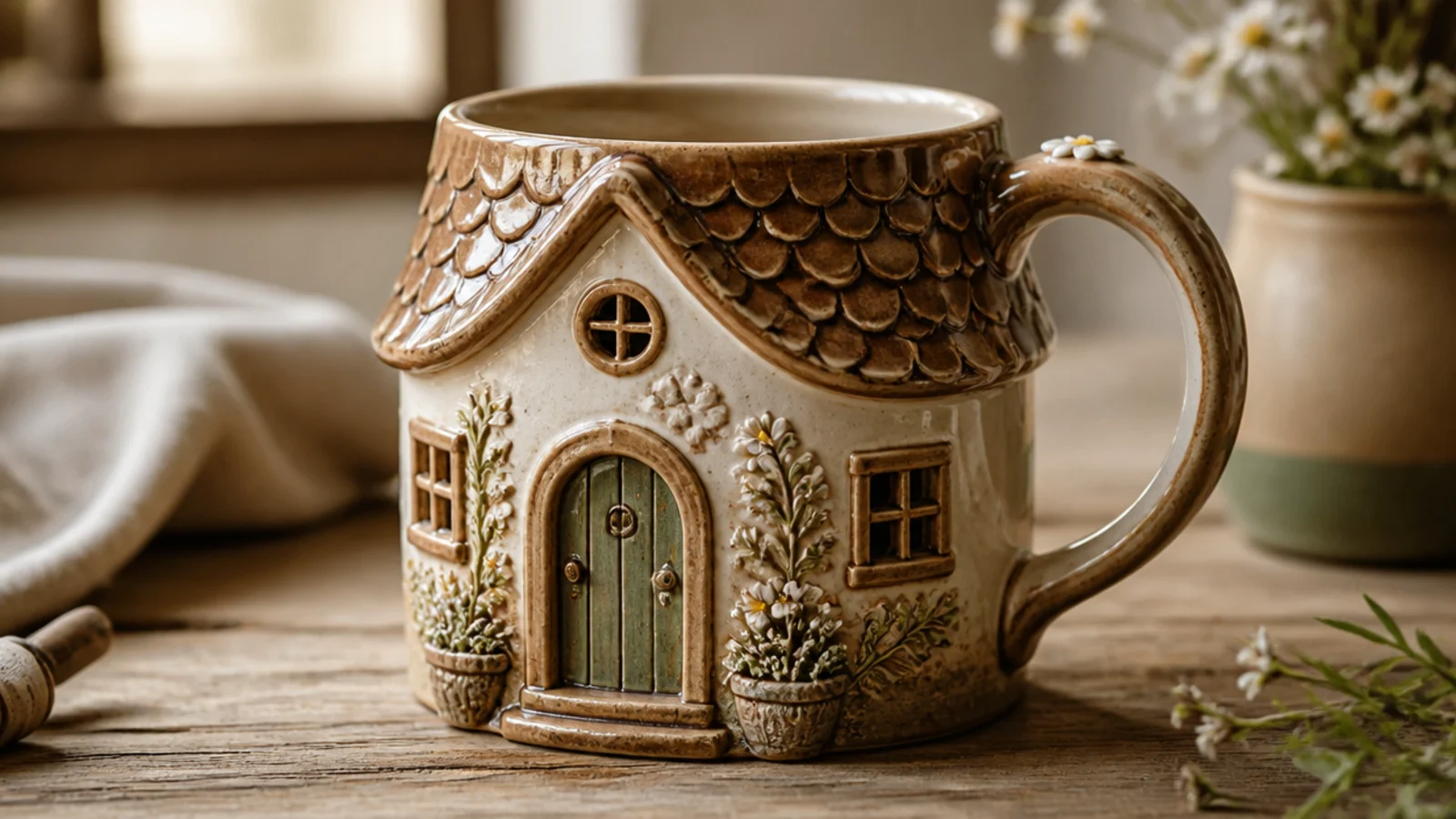A whimsical mug built to look like a tiny cottage with a sculpted pitched roof rim, a little door and windows carved in relief, glazed in soft earthy tones.