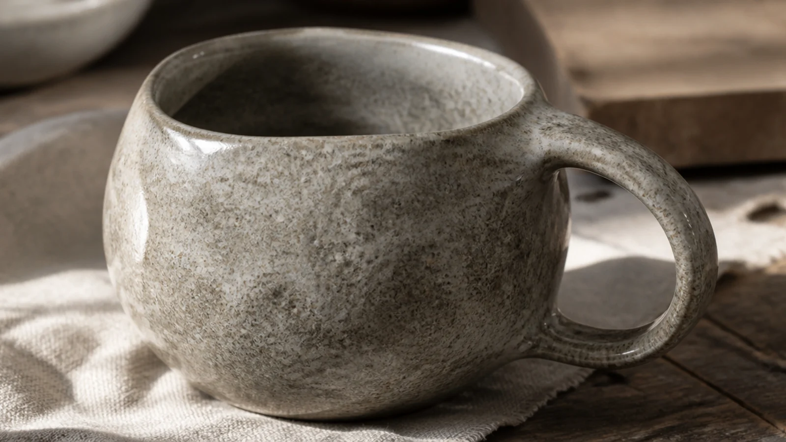 An organic asymmetrical mug shaped like a smooth river pebble, no flat sides, glazed in a mottled stone-gray that mimics natural rock, sculptural.