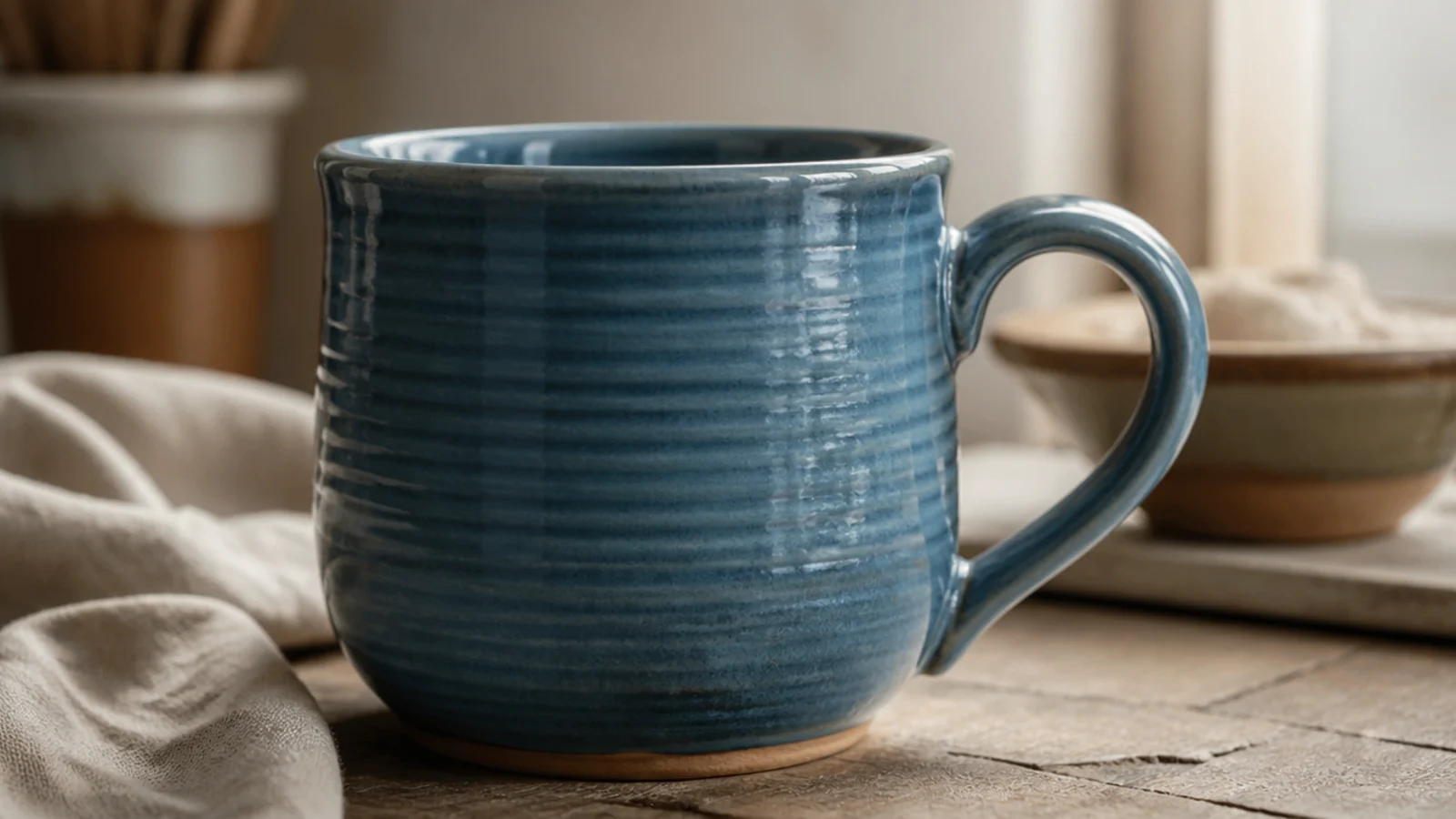 A smooth wheel-thrown mug with clean spiral throwing rings up the sides and a pulled handle, glazed in glossy dusty blue, the classic pottery silhouette.