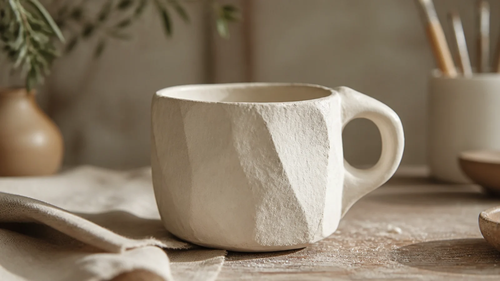 A chunky faceted mug carved from a solid block of clay with expressive tool marks and slightly angular sides, glazed matte white, sculptural and rustic.