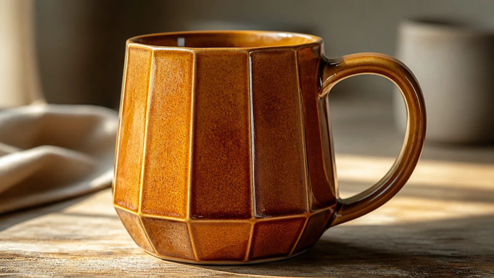 A mug with flat carved facets cut vertically around the body making a faceted gem-like surface, glazed in glossy amber that breaks lighter on the cut edges.
