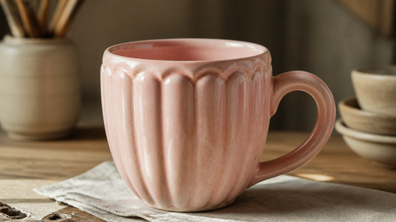 A mug carved with soft rounded vertical flutes like a scallop shell running top to bottom, glazed in satin blush pink that glows in the channels.