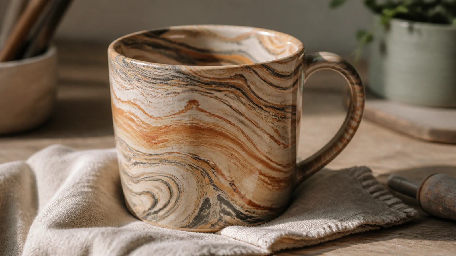A mug with swirling marbled clay in cream, terracotta, and charcoal running all the way through the walls, clear glazed so the pattern reads through and through.