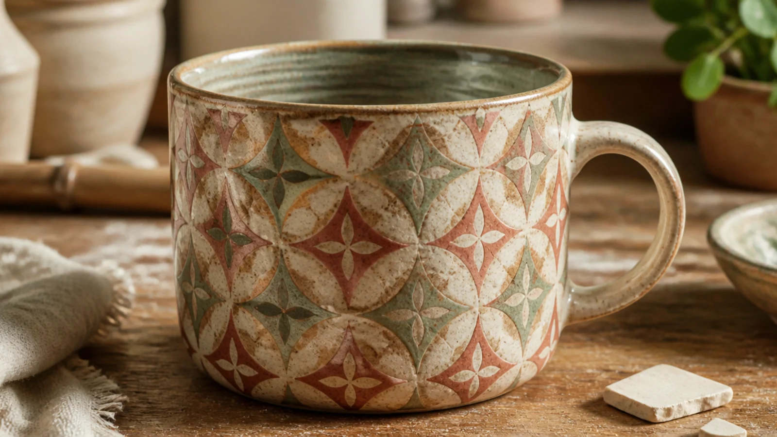 A mug built from slices of patterned colored clay showing a repeating geometric flower motif through the wall, clear glazed, precise and gallery-worthy.