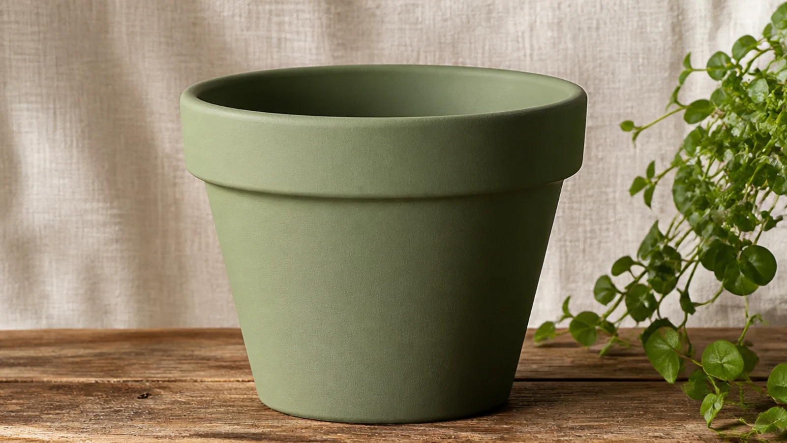 A clay pot painted one solid soft sage green from rim to base with a smooth, even matte finish.