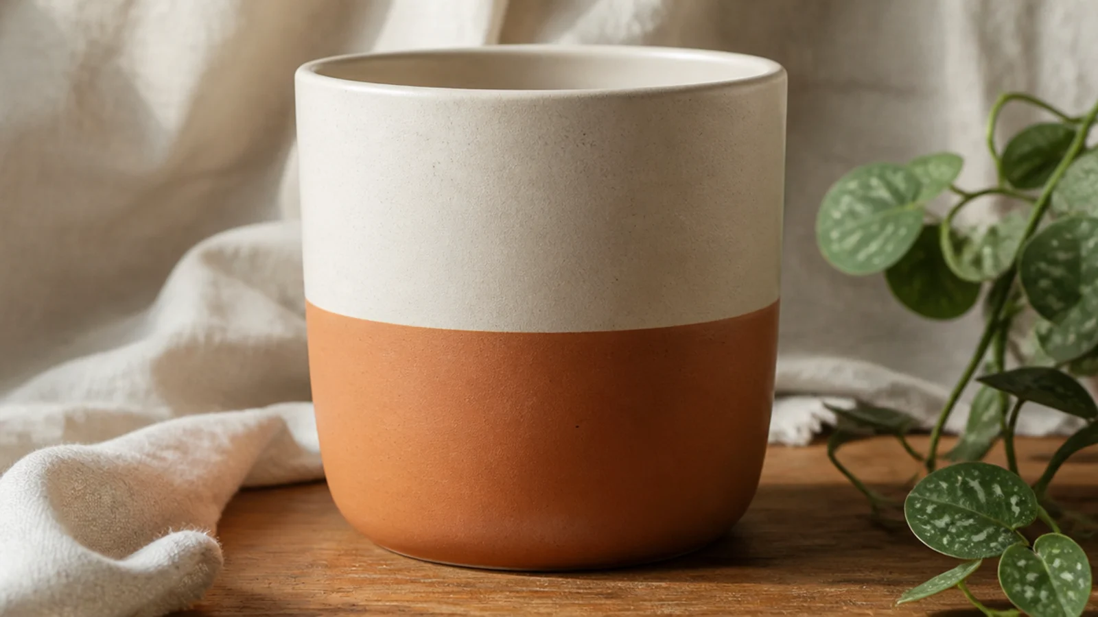 A clay pot split into two colors, cream on top and warm terracotta below, meeting at one crisp line around the middle.