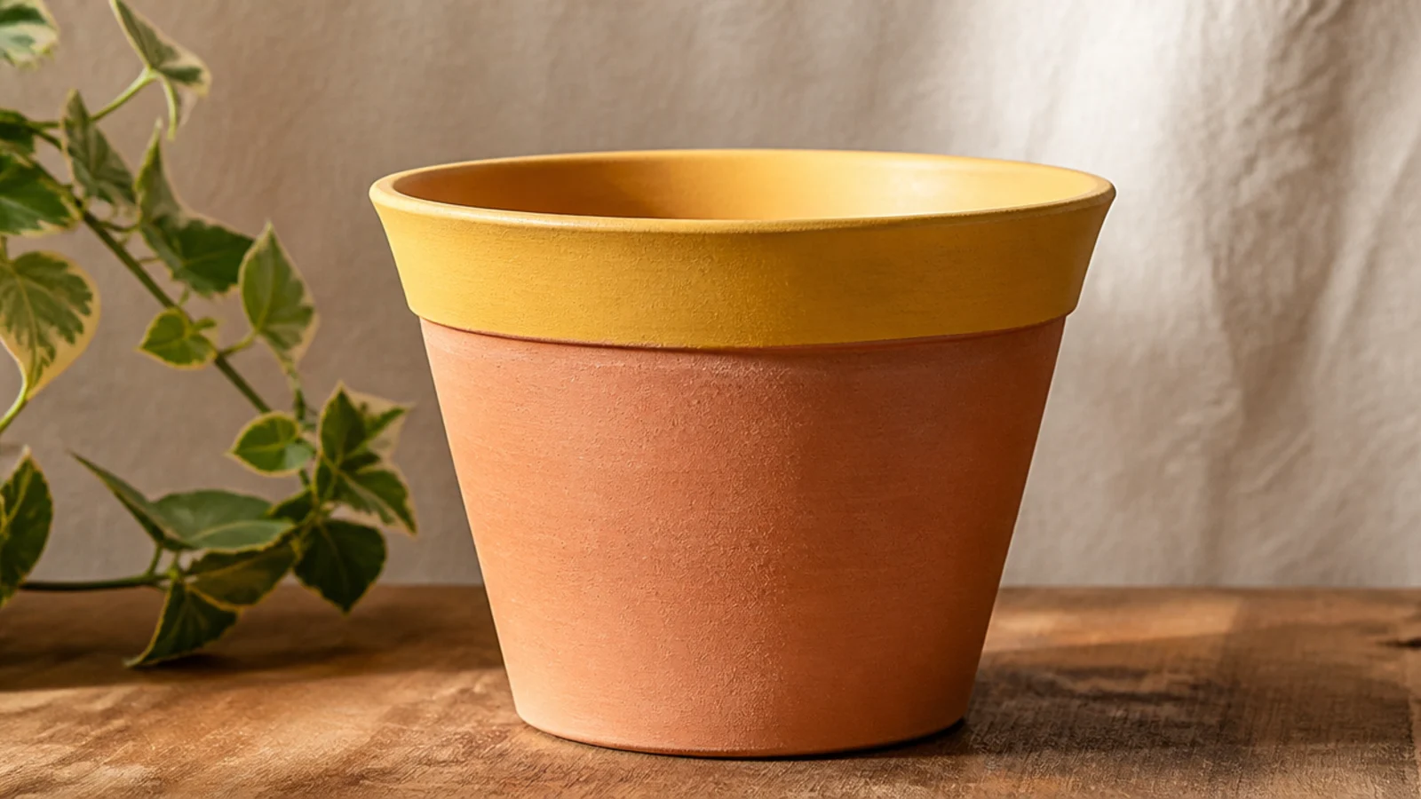 A natural clay pot with only the flared top rim painted a cheerful mustard yellow, the body left bare terracotta.