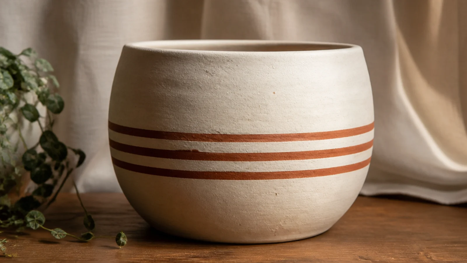 A cream clay pot with three evenly spaced thin terracotta stripes wrapping horizontally around the body.