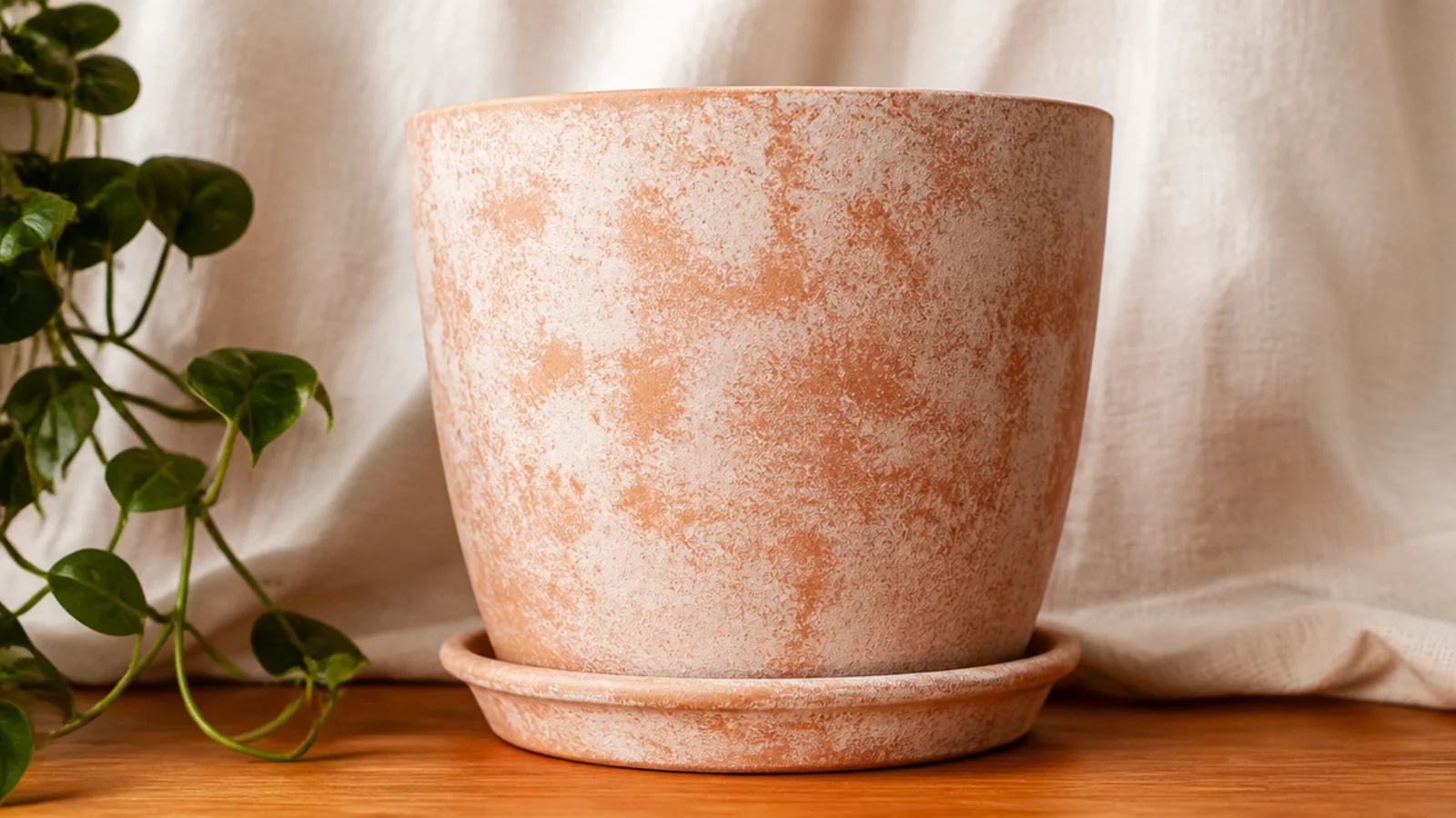 A clay pot with a soft mottled cream-over-clay texture, dabbed on with a sponge for a gentle, cloudy finish.