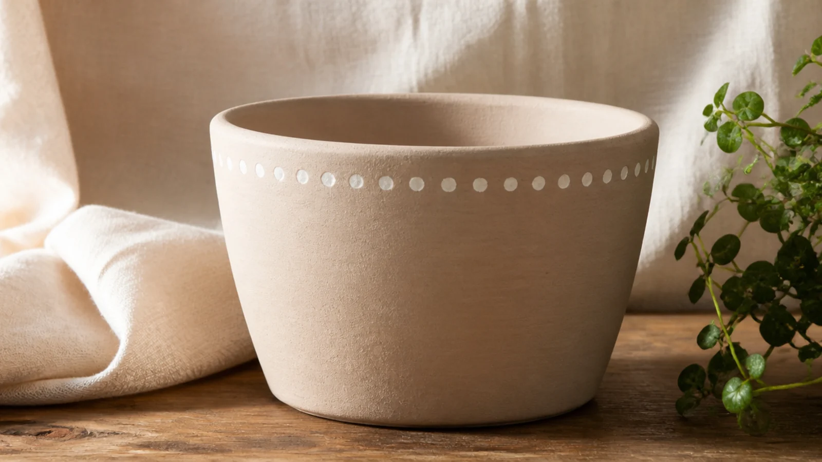 A pale clay pot with a single row of evenly spaced white dots running around the top rim, each dot uniform and round.