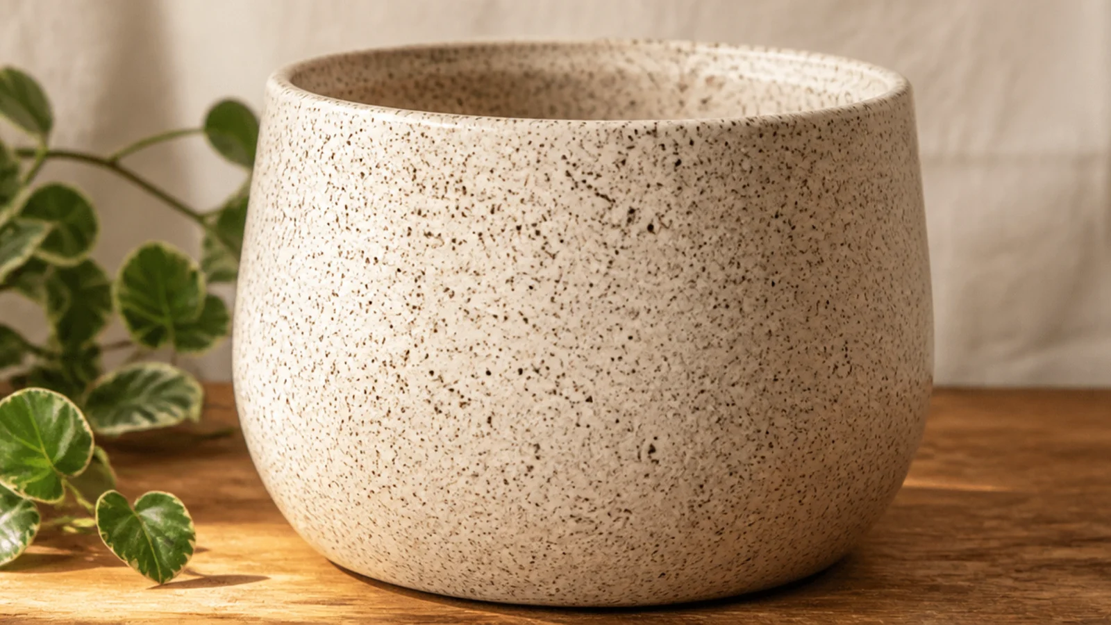 A cream clay pot covered in fine, evenly scattered dark brown speckles, like handmade stoneware.