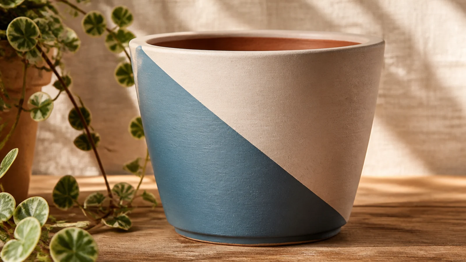 A clay pot with a bold diagonal split, the lower-left painted dusty blue and the upper-right left cream, meeting at one sharp diagonal line.