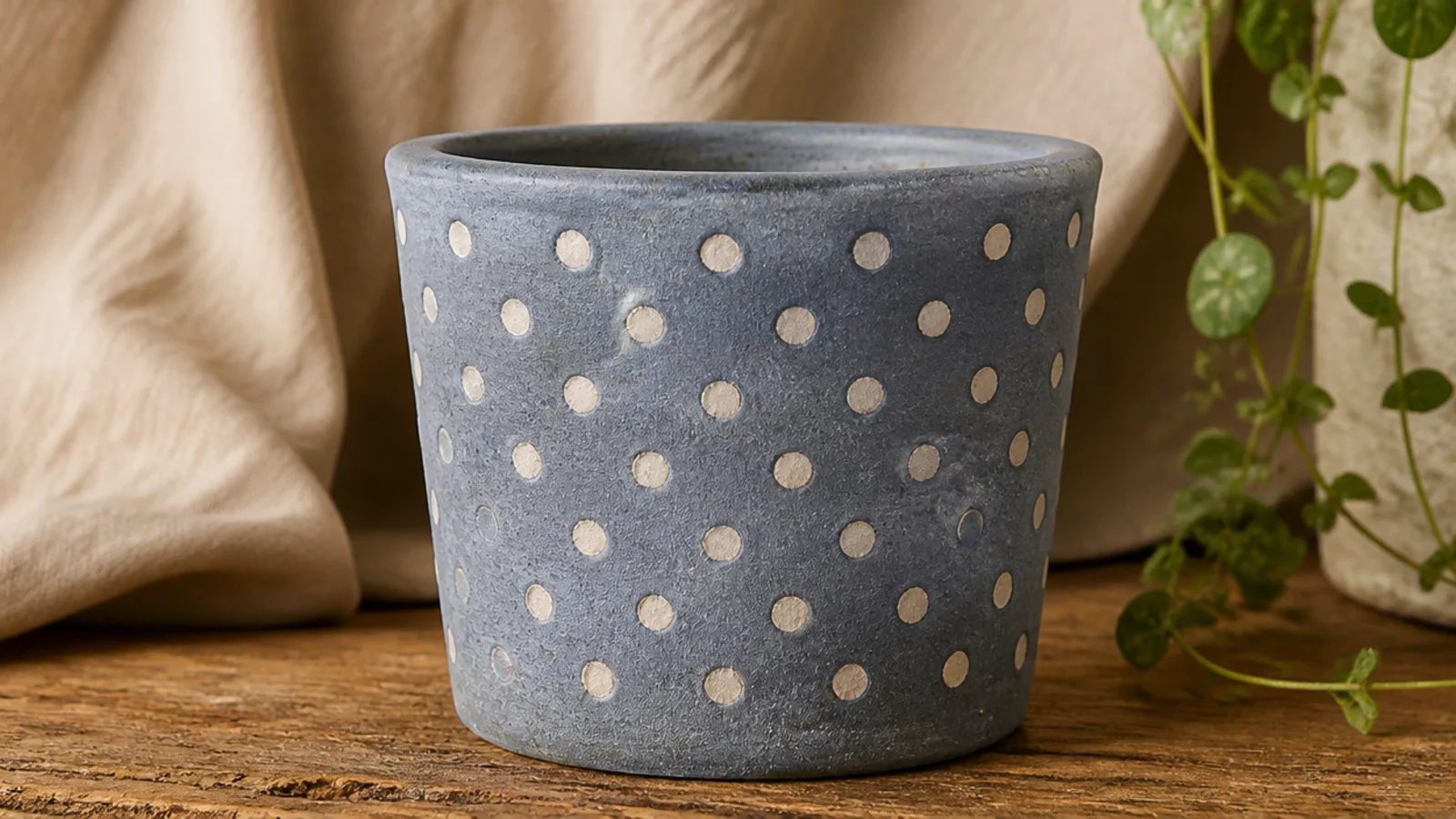 A dusty blue clay pot covered in a regular grid of small evenly spaced cream polka dots.