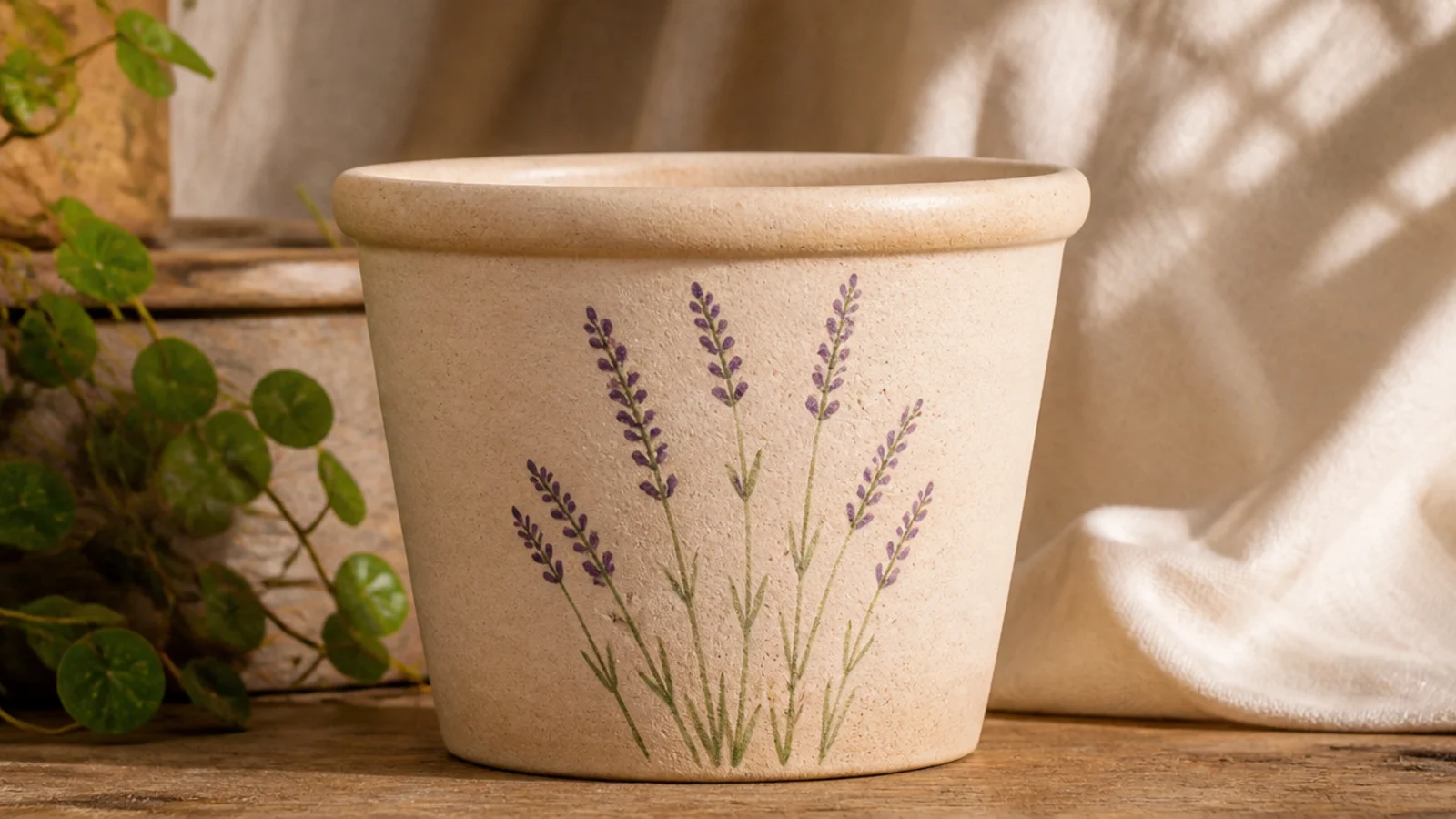 A cream clay pot painted with a few slender green stems topped by small purple dotted lavender buds.