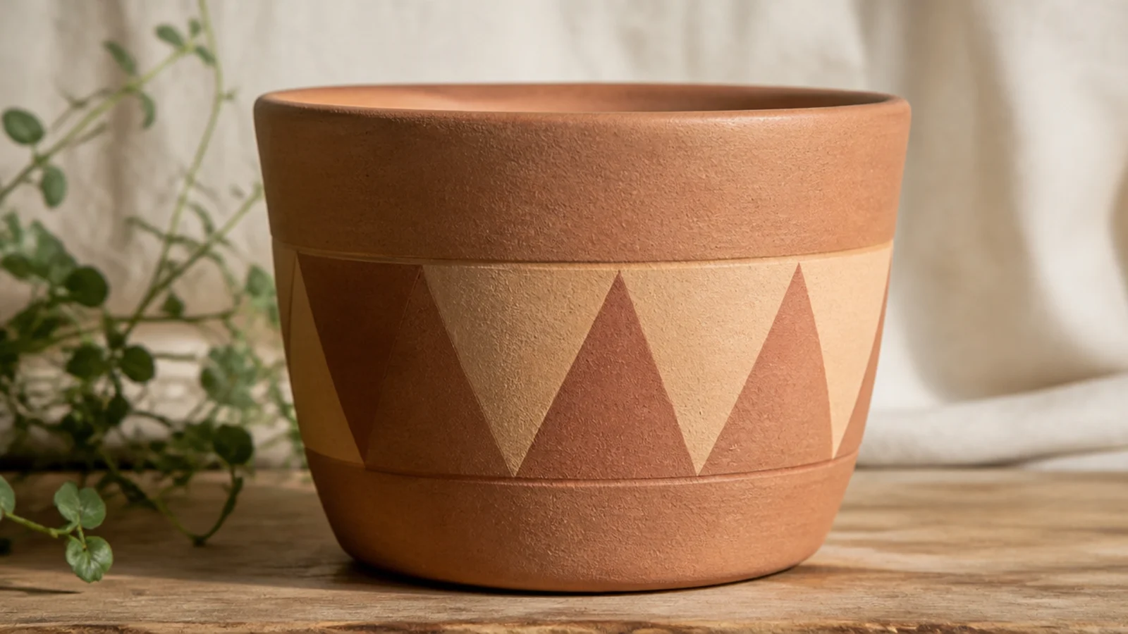 A clay pot with a band of alternating painted and bare-clay triangles running around the middle in two earthy colors.