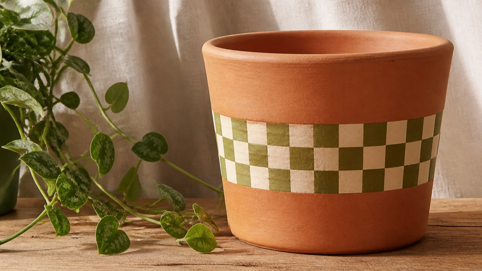 A clay pot with a single band of small olive-and-cream checkerboard squares wrapping around the middle, the rest left plain.