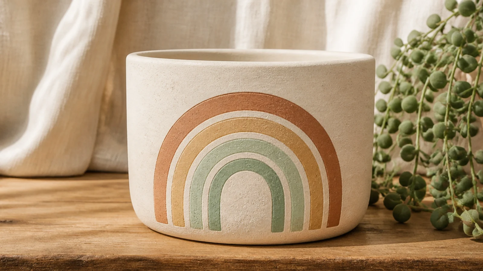 A cream clay pot with a minimalist arch of four nested muted rainbow bands painted on the front-facing side only.