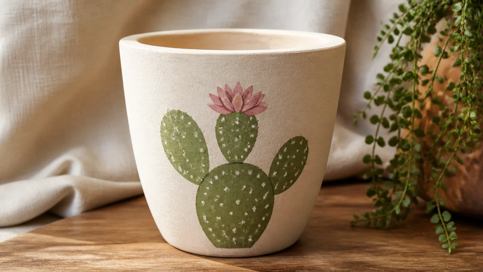 A cream clay pot with a simple green cactus painted on the front, a rounded paddle shape with tiny white spine dots and a small pink flower on top.